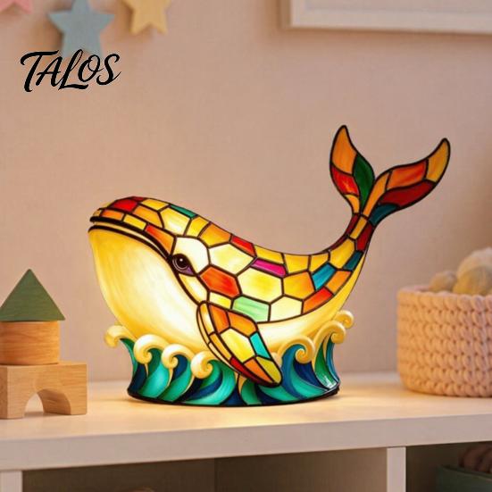Kids Room Night Light Stained Glass Whale Light, USB Multicolor Table Lamp, Bedroom Ambiance Decorative LED Desk for Home Office Lamp
