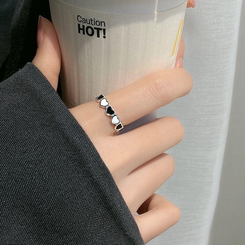 925 Sterling Silver Black And White Heart Connected Adjustable Rings For Women Engagement Wedding Vintage Jewellery Argent 925
