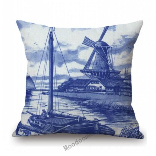 Traditional Deflt Blue Royal Holland Wildmill Toile De Jouy Art Decoration Sofa Throw Pillow Case Cotton Linen Cushion Cover
