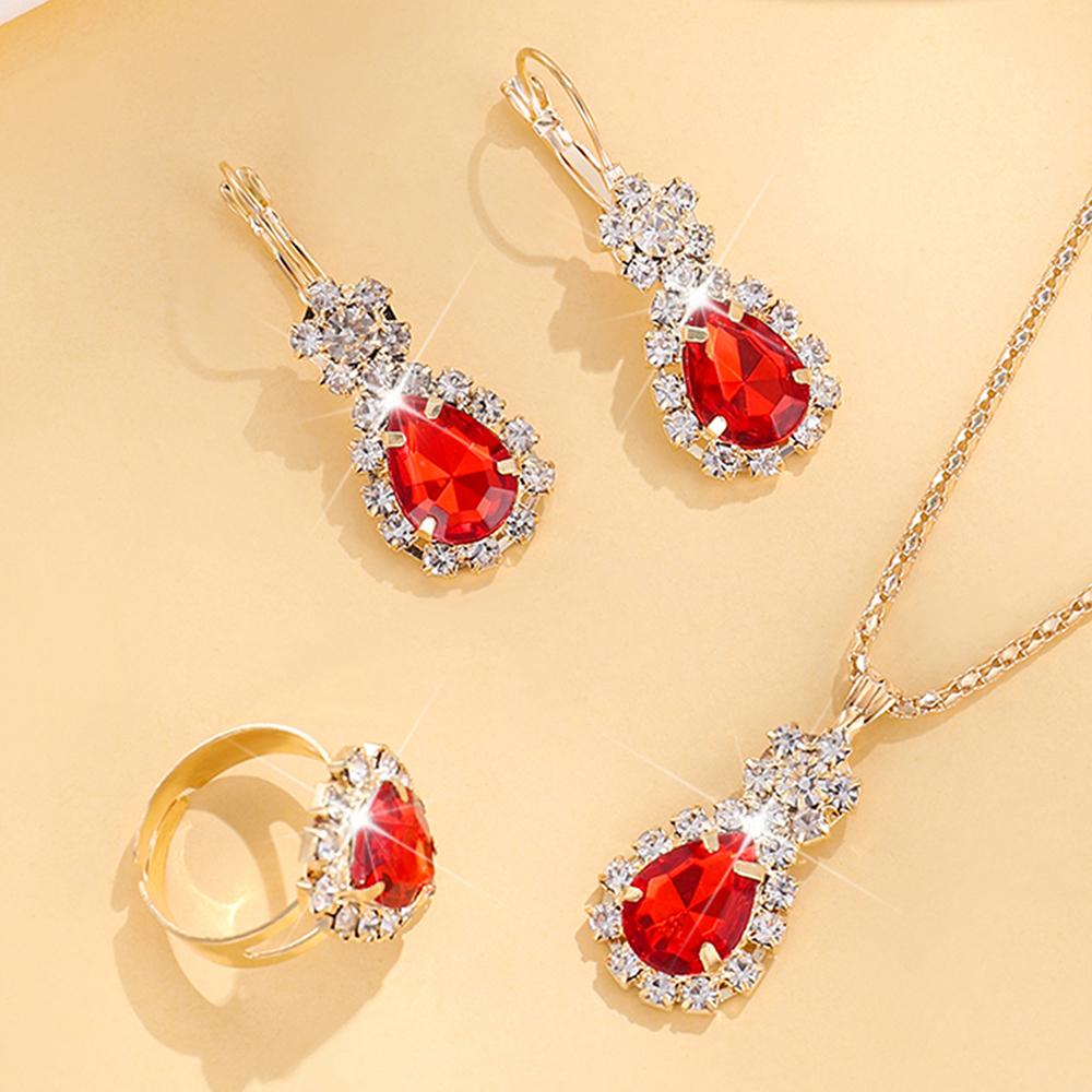 

4 pcs Water Drop Shape Zircon Set With Pendant Necklace & Drop HookEarring & Ring Cubic Zirconia Wedding Accessories Gift красный