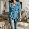 Autumn Winter Women's Corduroy Blazer Collar Solid Color Long Sleeve Coat With Belt, Casual Outerwear For Women