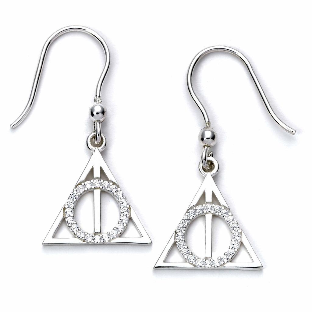 Harry Potter Sterling Silver Deathly Hallows Drop Earrings with Crystals