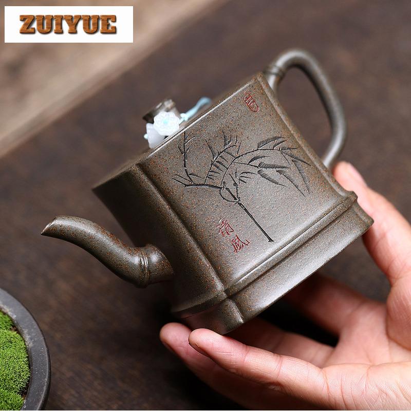 300ml Handmade Yixing Purple Clay Teapots Handmade Square Bamboo Joint Pot Raw Ore Crust Green Mud Kettle Chinese Zisha Tea Set