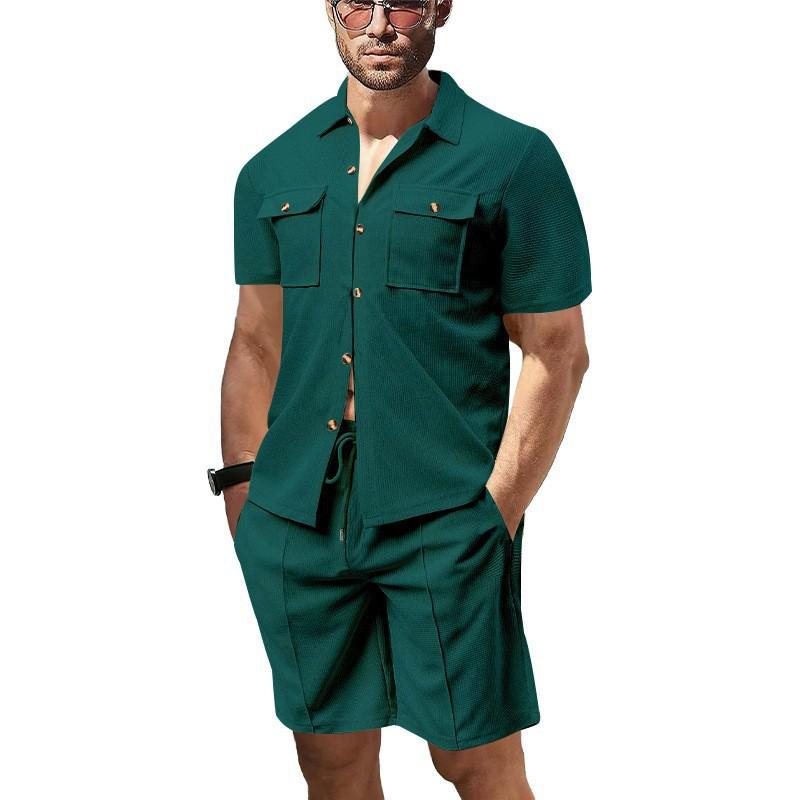 Summer Casual Men Waffle Solid Color Double Pocket Cardigan Short-sleeved Daily Shirt Shorts Set