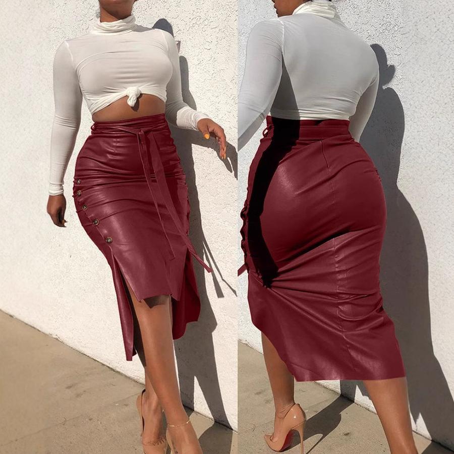 Overstock Leather Pu Skirt Women's Hot Sale O-Neck Slim Fit Mid-Length Bodycon Half-Body PU Skirt Drop Shipping