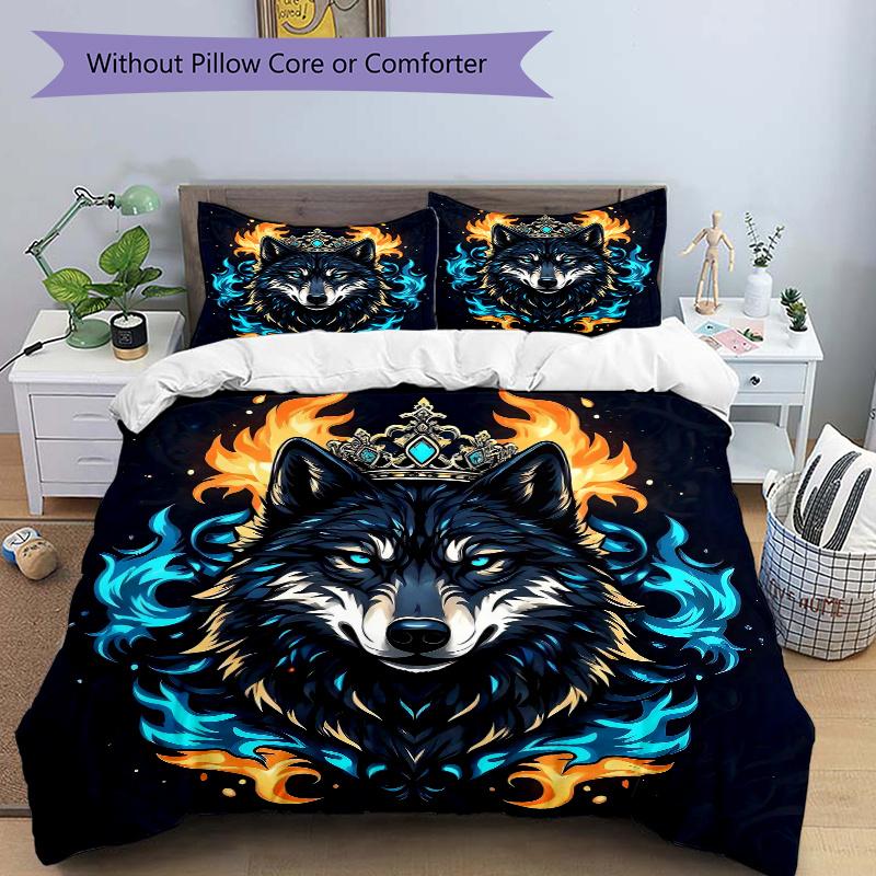 3pcs Flame Crowned Wolf Quilt Cover Set (1 Quilt Cover + 2 Pillowcases Without Pillow Core), High-Definition Printing for Home and Dormitory.J048