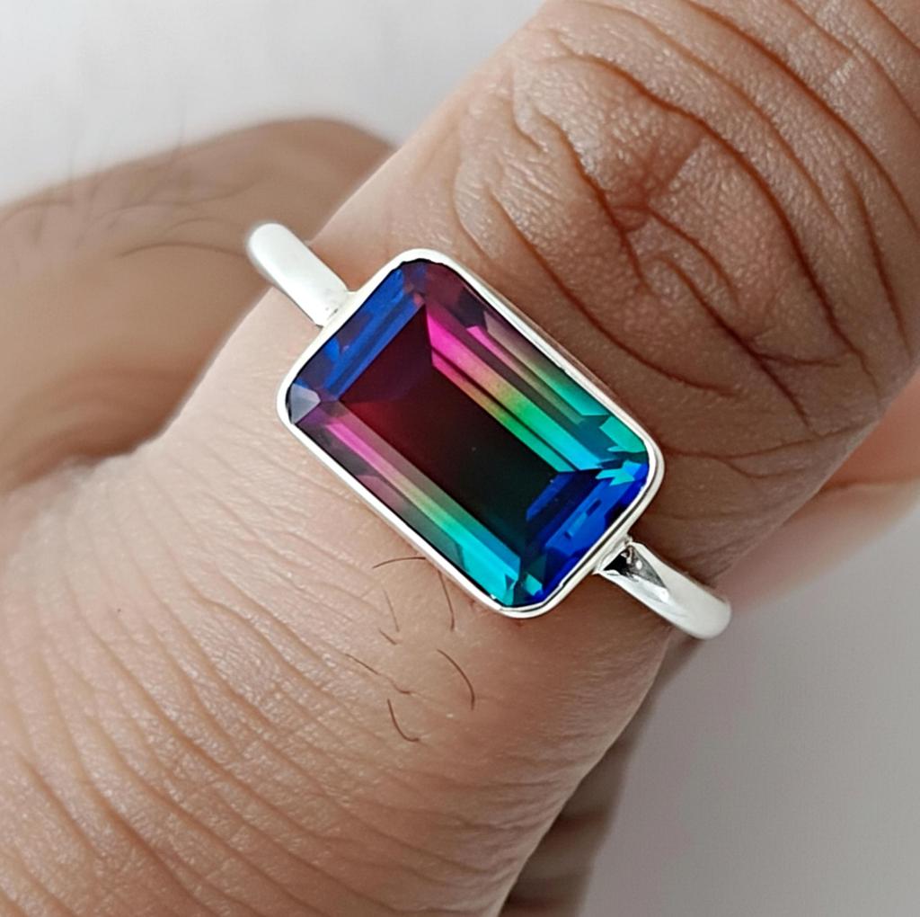 Watermelon Tourmaline Ring, 925 Solid Silver, Statement Ring, Tourmaline Quartz Ring, Emerald Cut Shape, Gift for Her, Birthstone Ring