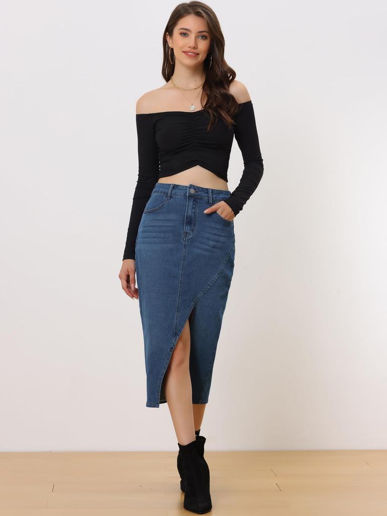 Allegra K Lässiger Denim-Jeansrock mit vorderer Größe XL Damen High-Waist Knielang Schlitz, Blau,