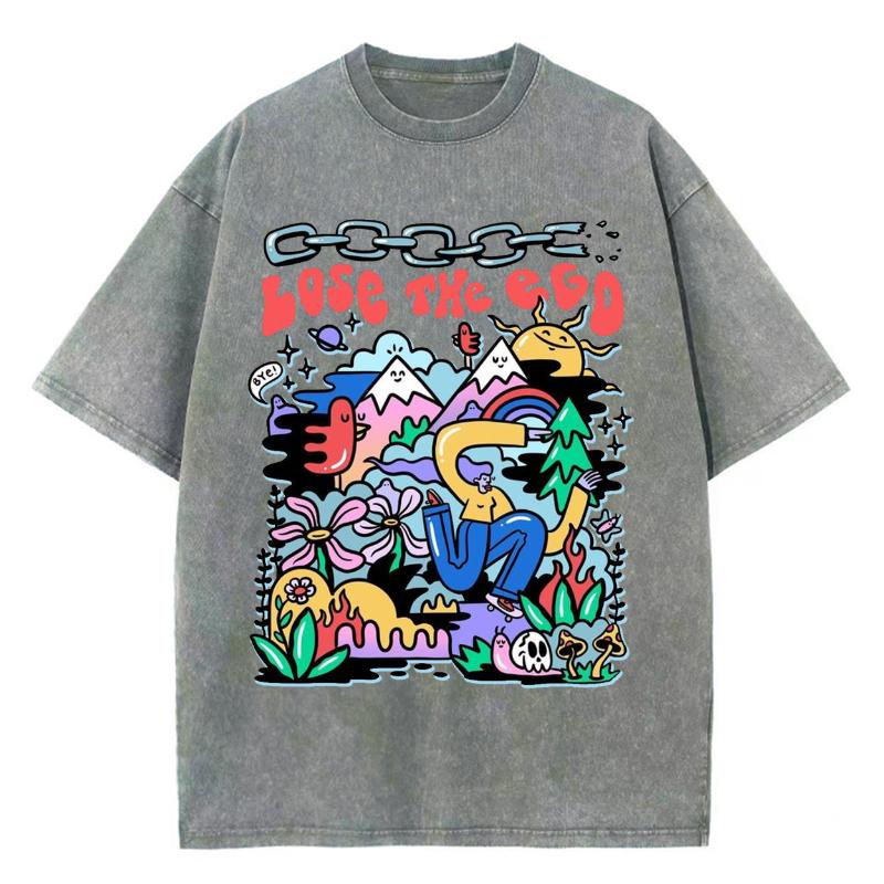 Cartoon Printed Couple T-shirt Street Casual Style Imitation Denim Loose Fabric Summer Female Round Neck Short