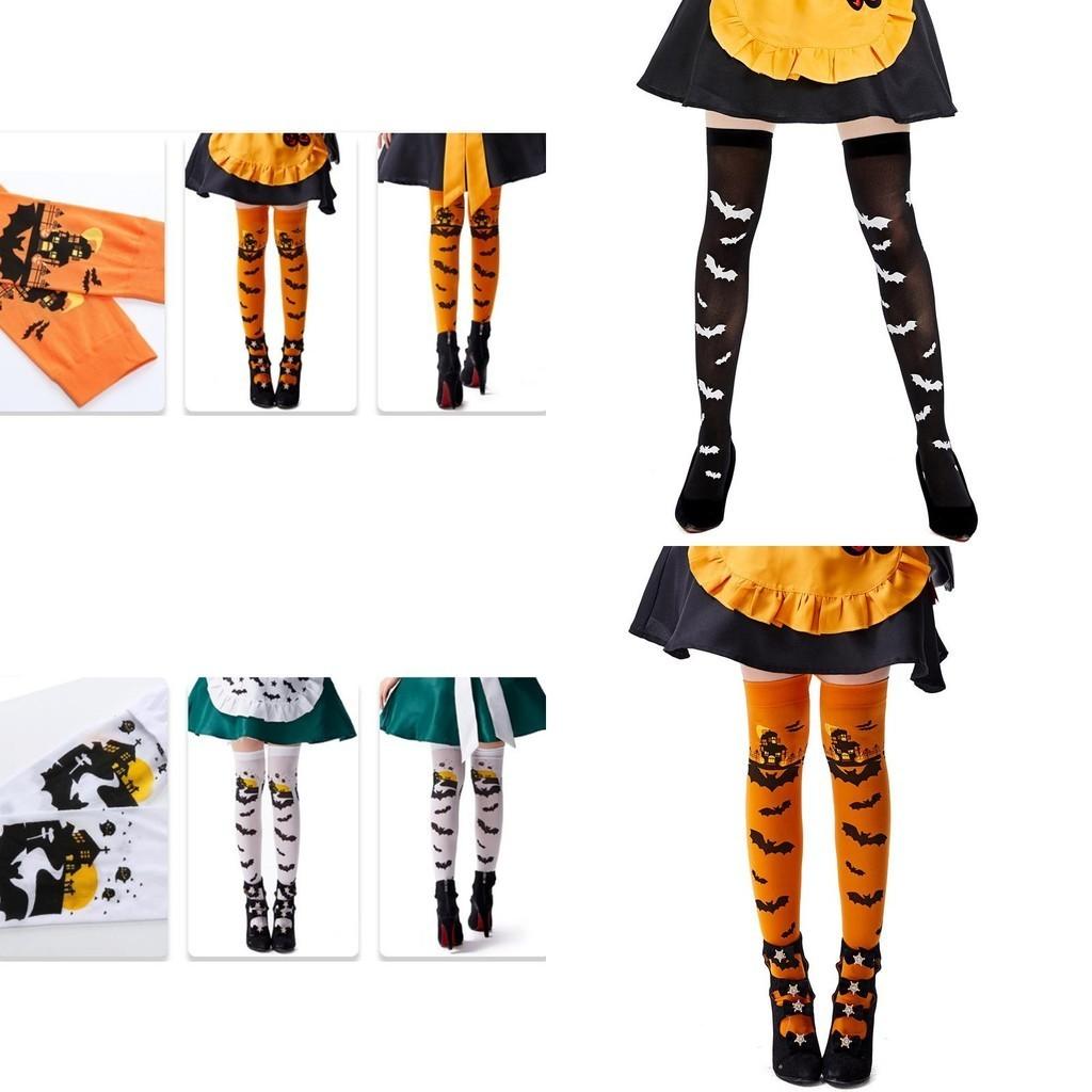 Halloween Ladies Bat Print Over Knee Cosplay Costume Stockings Comfortable Polyester Material