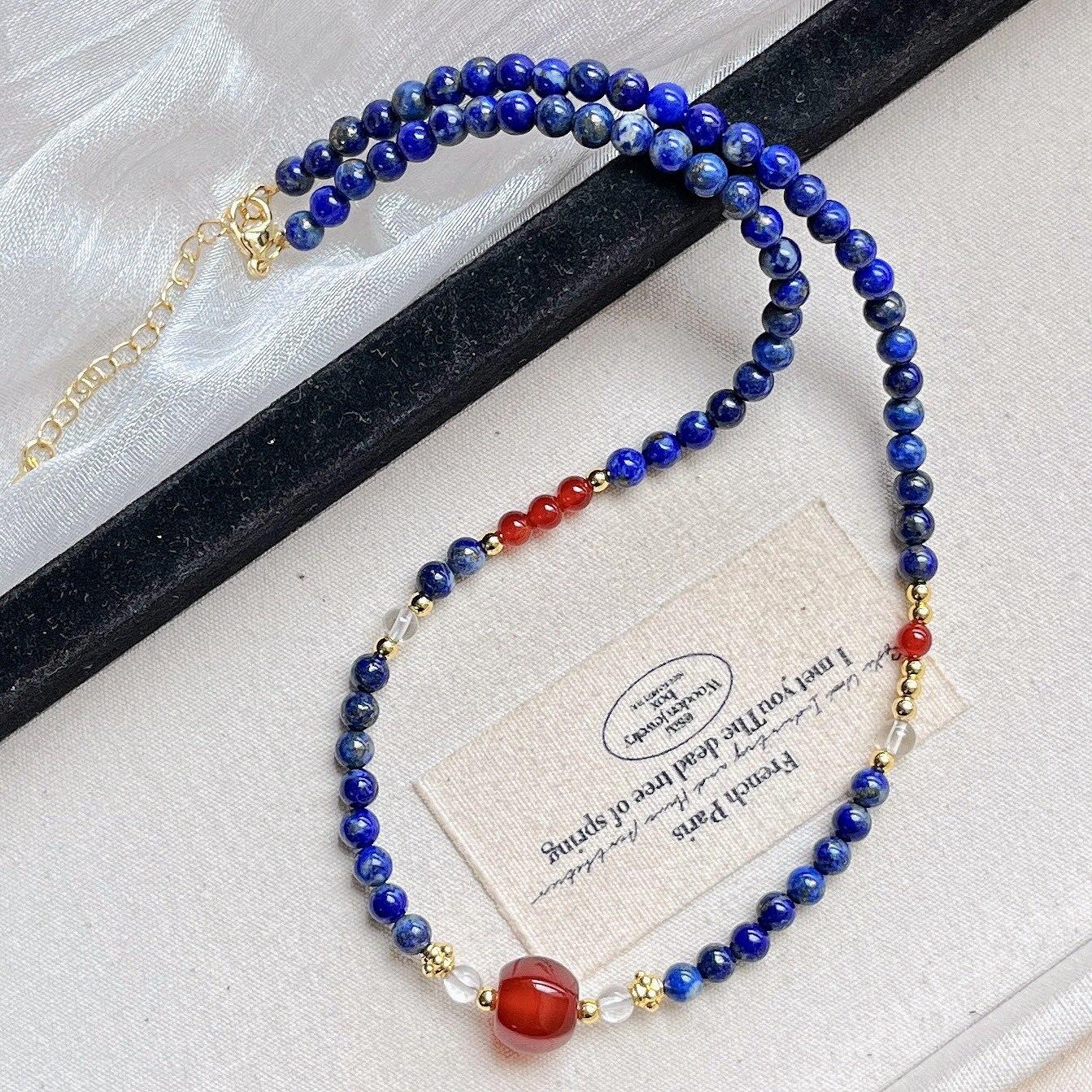 Vintage High Quality Natural Lapis Lazuli Chalcedony Design Sense Collarbone Chain Necklace