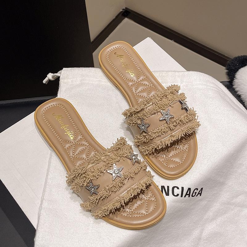 Fashion Women Summer Shoes 2025 Summer New Non Slip Comfortable Slippers Outdoor Fashion Rhinestone Flat Sandals Soft Bottom Beach Shoes