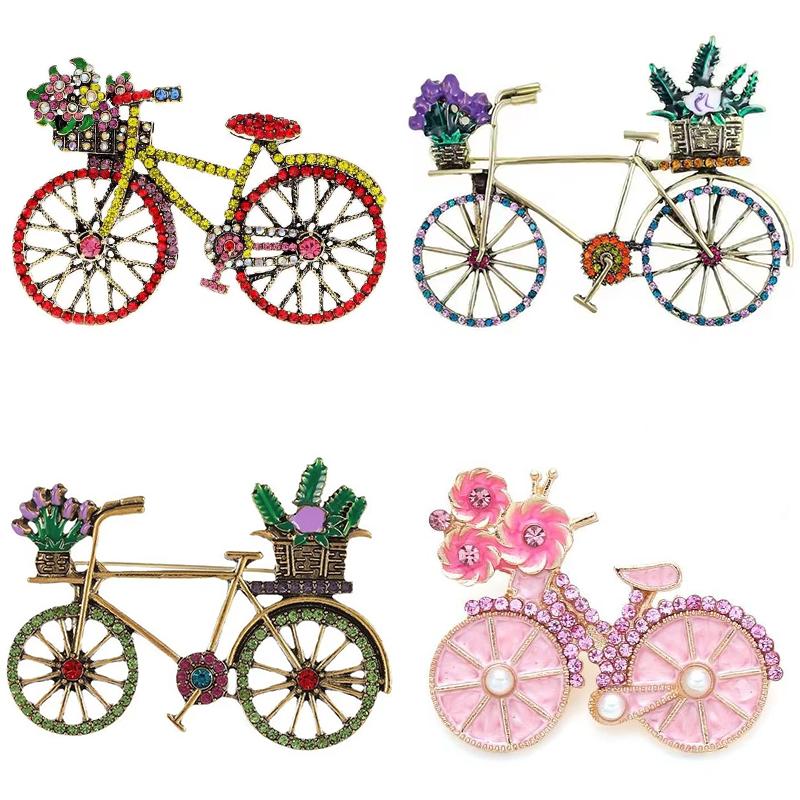 Creatieve Fiets Broche voor Dames Heren Mode Strass Bloemenmand Broches Spelden Sieraden Accessoires Feest Cadeaus 2025