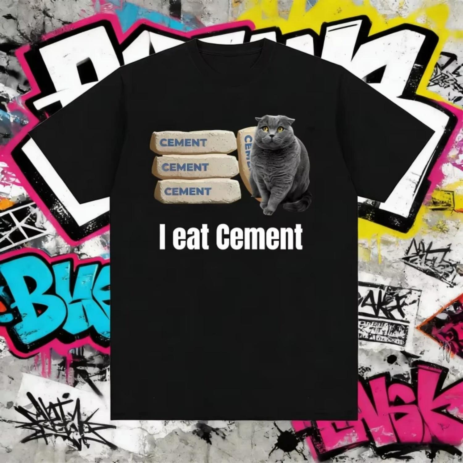 

2026 Summer Cotton Printed T-Shirt Funny Cement Cat Meme Graphic Tee Men Women Hip Hop Rap Streetwear Breathable Comfort Top S чёрный