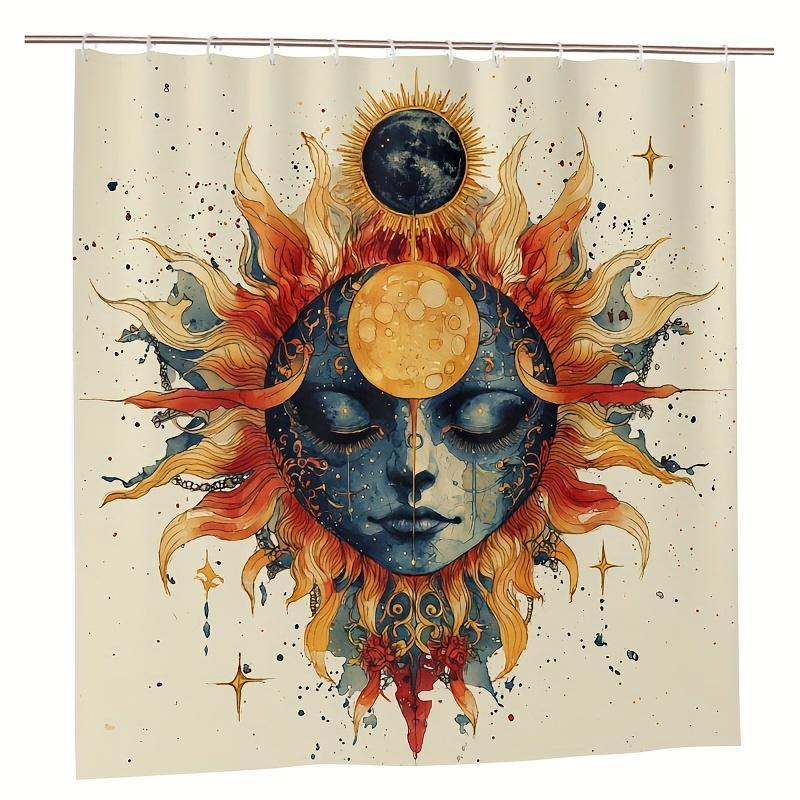 1Pc Two Suns & Moon Shower Curtain - Vibrant Cartoon Art, 71X71 Inch, Polyester, 12 Hooks, Hand Wash, Summer Bathroom Decor