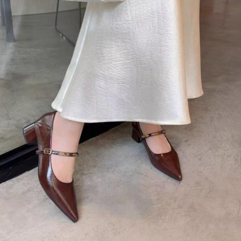 Metallschnalle Einriemen Blockabsatz Einzelne Schuhe Herbst Neu Spitzschuh Flachmaul Rutschfest Kitten Heel Schuhe