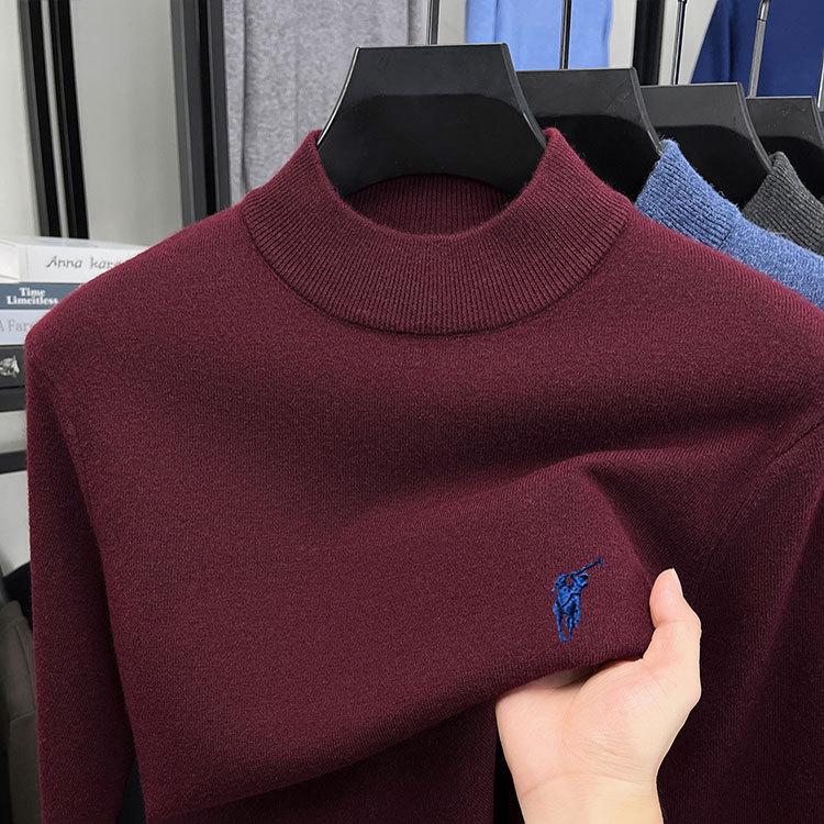

Men s High Neck Wool Sweater with Small Horse Embroidery - Warm, Skin-Friendly Knitwear 4XL вина червоного кольору