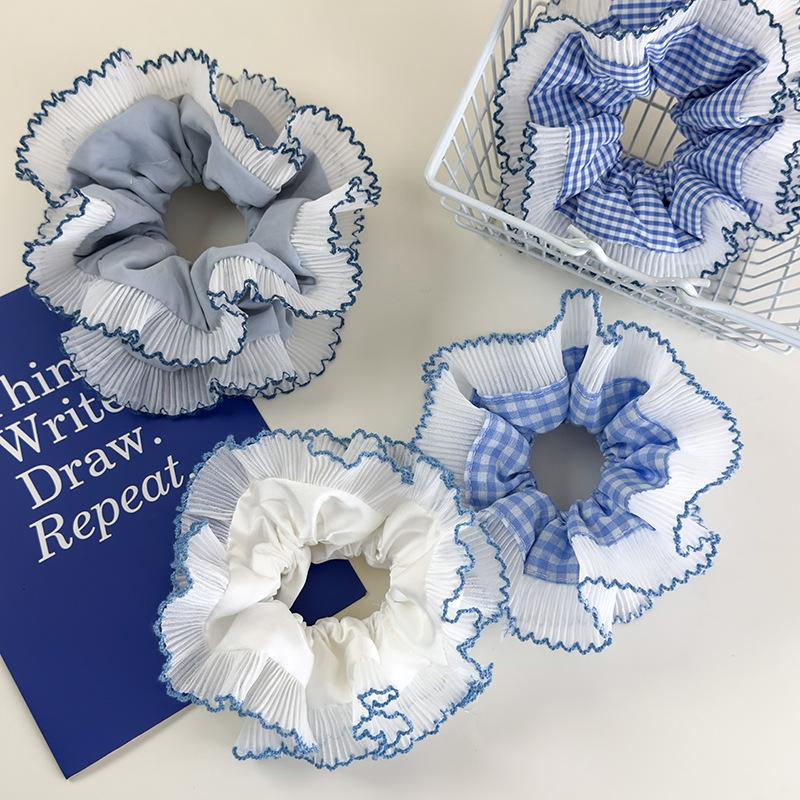 Blue Lattice Ruffles Hair Scrunchies Double Lace Headbands Womens Girls Sweet Romance Hair Rope Female Tie Rubber Band Headdress