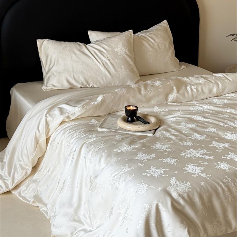 Light Luxury Lenzing Tencel Four-Piece Set, Summer Lyocell Jacquard Flower Quilt Cover, Ice Silk Nude Single Three-Piece Set