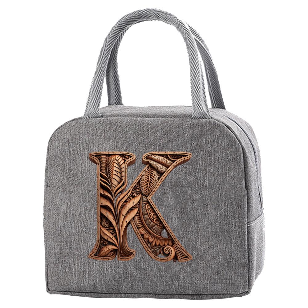 Portable Food Insulation for Traveling Wood Art Letter Printing Box Picnic Waterproof Oxford Zipper Insulation Lunch Bag