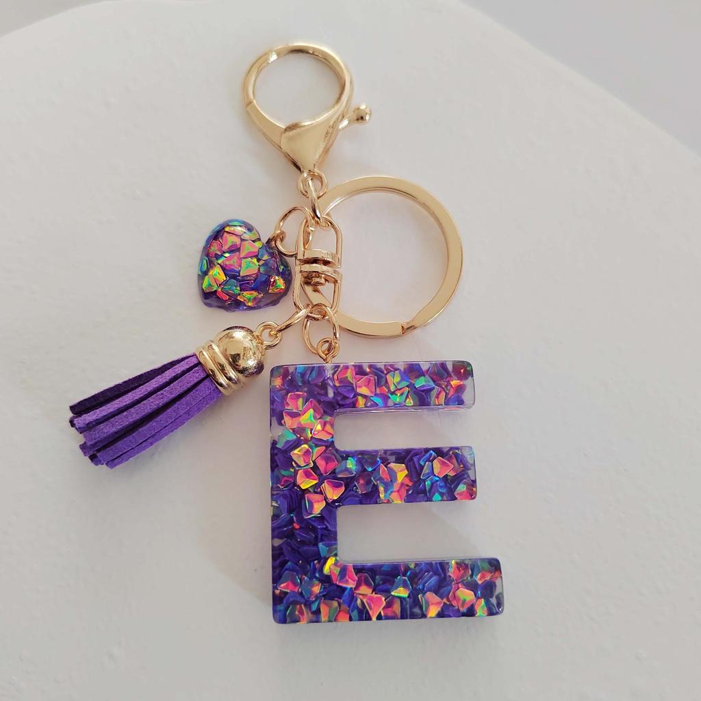 Candy Color Sequin Letter Keychain with Iridescent Heart and Tassel Charm