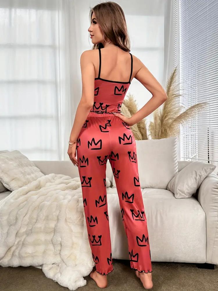 Pyjama-Set mit Kronenprint - Sexy Stil, ärmelloses Spaghetti-Träger-Top & lange Hose mit Schleifendetail, sexy Pyjama-Set