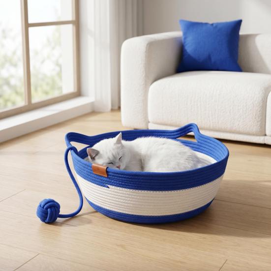 Cat Bed Basket Cotton Rope Woven Pet Bed Breathable Cat Ear Pet Sleeping Basket with Ball Toy for All Seasons Medium Large Cats