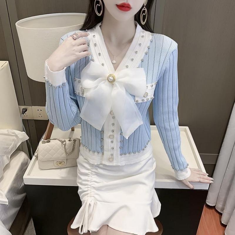 Spring Autumn Women Full Sleeve V-neck Luxury Diamond Beading Bowtie Knitted Sweater Single Breasted Cardigans Tops