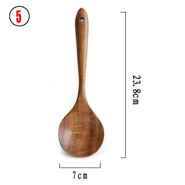 1-7pcs/set Teak Natural Wood Tableware Spoon Ladle Turner Rice Colander Soup Skimmer Cooking Spoon Scoop Kitchen Reusable Tool