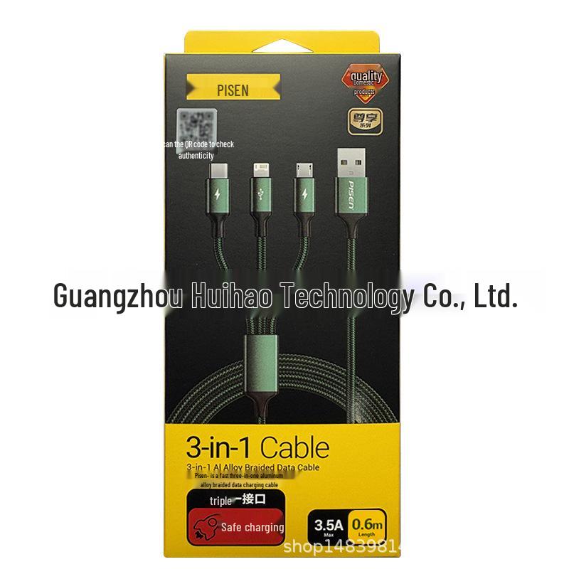 PISEN Aluminum Alloy 3-in-1 Braided Data Cable for Apple, Android, Type-C Devices