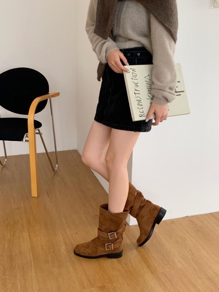 2025 New Fashionable Spice Girl Round Head Buckle Belt Outer Wear Medium Tube Roman Martin Boots Versatile Fashion Boots