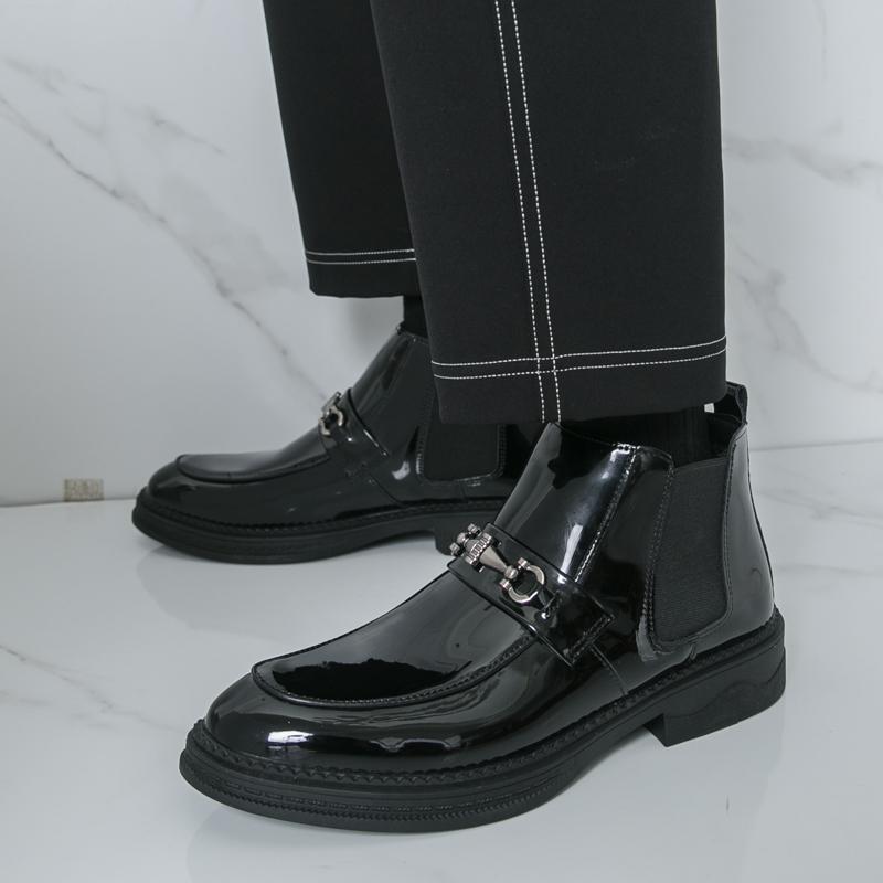 Men patent leather loafer Formal Business Ankle Boots Black Shoes High Boots Large Size