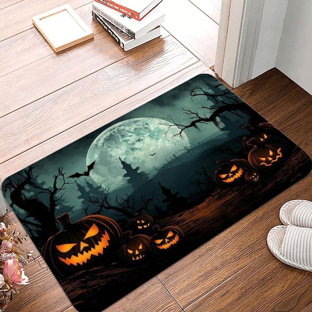 Halloween Pattern Door Mat Vivid Pumpkin Moonlit Night Designs with Bats and Spooky Trees NonSlip Floor Mat for Home Decor
