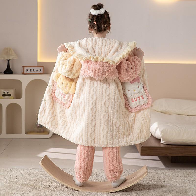 Girls Winter Coral Fleece Pajama Set Long Sleeve Hooded Sleepwear Kids 8 Years Soft Warm Home Outfit