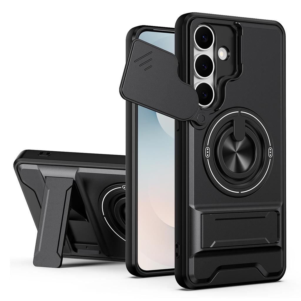 For Samsung Galaxy S25 FE Magnetic Case Ring Holder Foldable Kickstand TPU PC Phone Cover with Camera Lens Slider