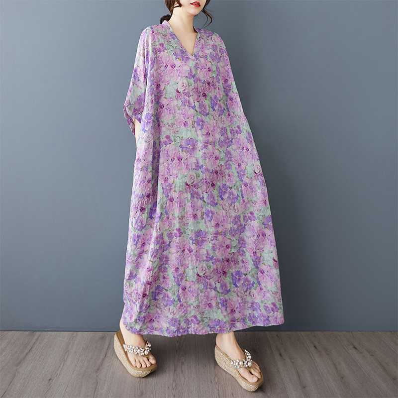 Summer Floral Vacation Style Travel V-neck Retro Long Dress To Hide The Flesh Cotton and Linen Dress