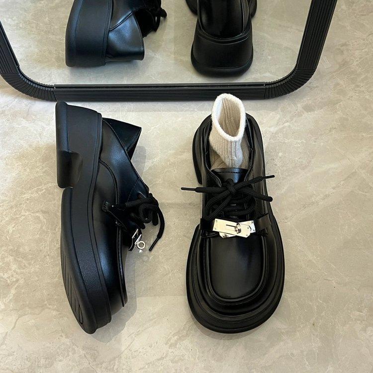 Muffin Sole Small Leather Shoes Women's 2025 Autumn New French Mary Jane Women's Shoes Retro British Style Heightening Loafers