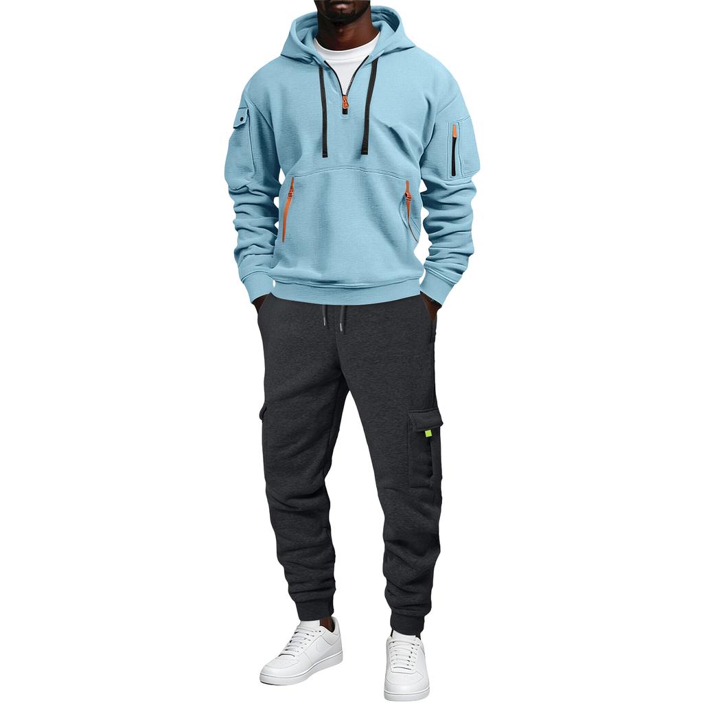 Men's Loose Fit Color Hoodie and Cargo Pants Set with Pockets for Sports and Casual Wear
