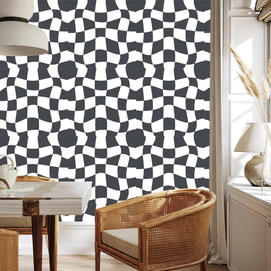 Casual Checkerboard Wallpaper In White and Navy Blue for the Living Room and Bedroom 50x1000