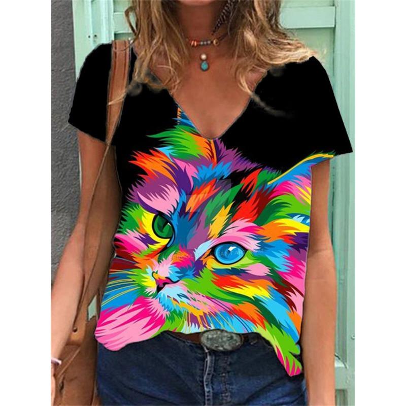 

Летний топ с V-образным вырезом и 3D-принтом в виде цветка и кошки, модные повседневные женские футболки с короткими рукавами XS
