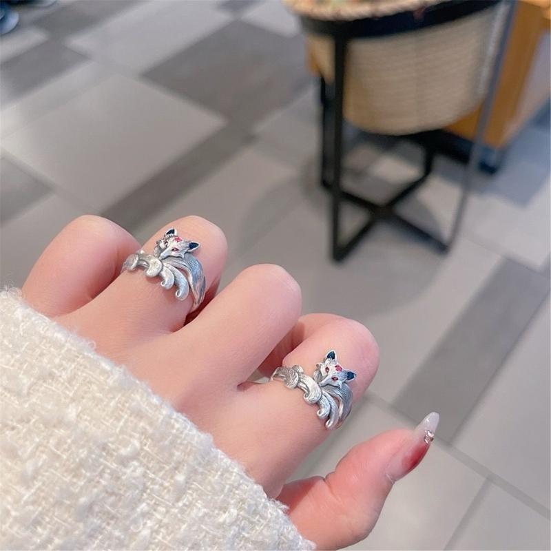 A52E Intricate Foxes and Floral Enamel Ring Adjustable Comfort Fit Peach Blossoms Foxes Motifs Ring for Daily Wear or Party CN