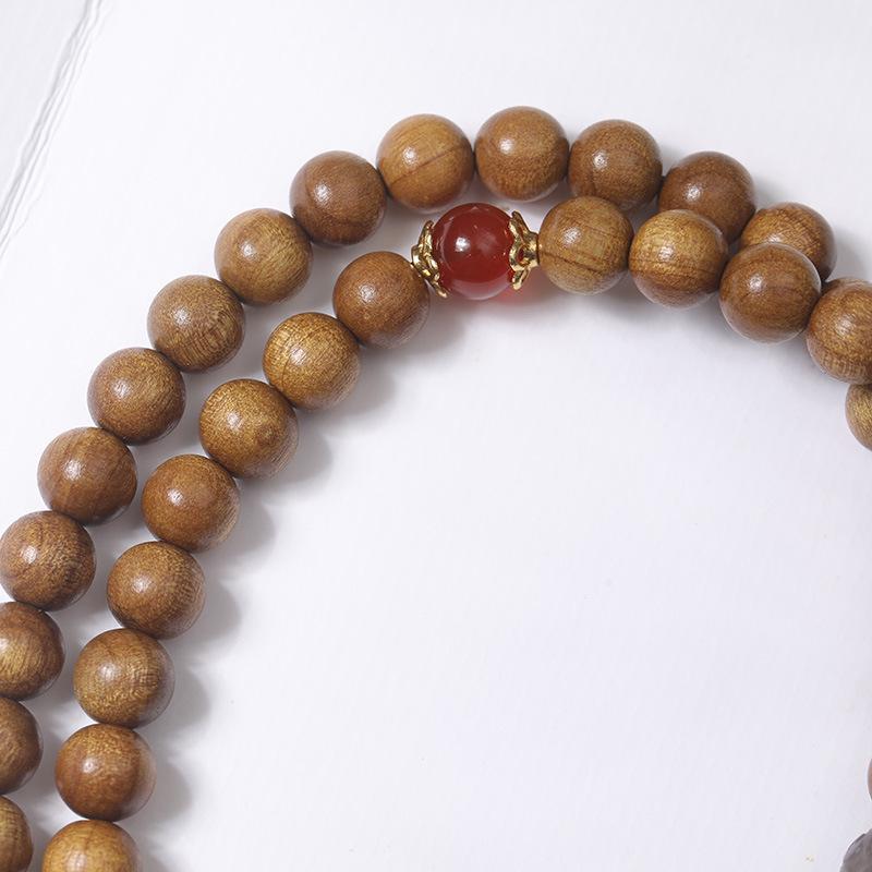 Armband aus goldenem Sandelholzperlen mit Quaste: Unisex Multi-Wrap Rosenkranz im alten chinesischen Stil.