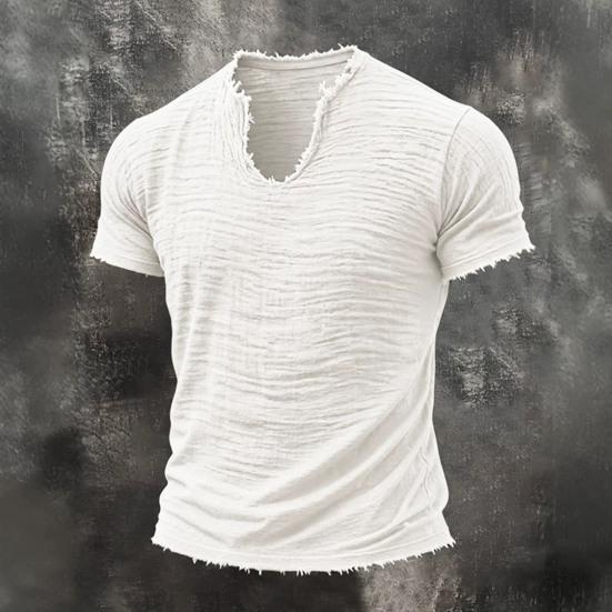 Camiseta de Hombre con Flecos Camiseta Retro de Manga Corta con Cuello en V Elegante Desgastada Camiseta de Verano para Fiesta Playa Vacaciones Gimnasio