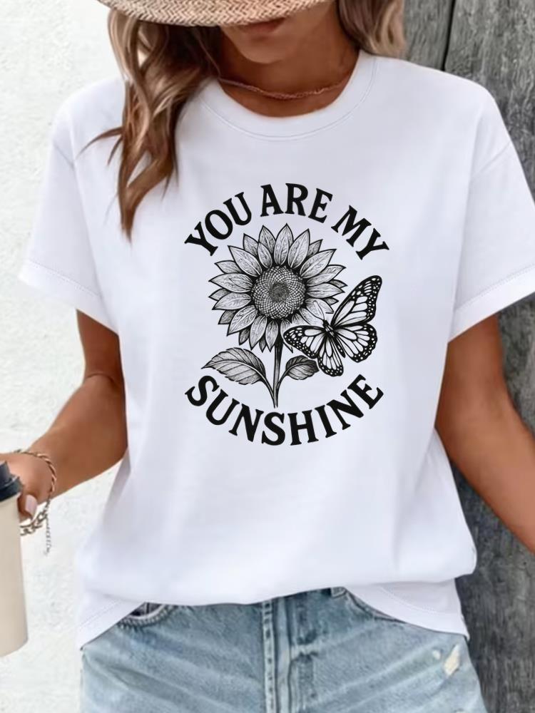 (Asian Size) Clothing T Shirt Print flower sweet Female Woman Women Fashion Tee Top Short Sleeve Graphic T-shirts