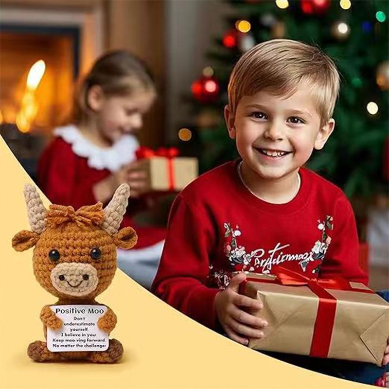 Mini Lustige Positive Hochlandkuh, Gestricktes Wollkuh-Spielzeug mit Positiver Karte Kreative Niedliche Häkelpuppe Emotionale Schülerin Weihnachten