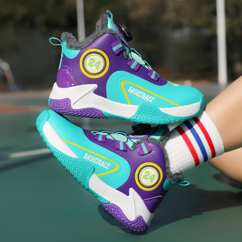 Autumn/Winter Warm Boys' Leather Rotating Buckle Basketball Shoes with Velvet, Children's Sports Professional Basketball Shoes