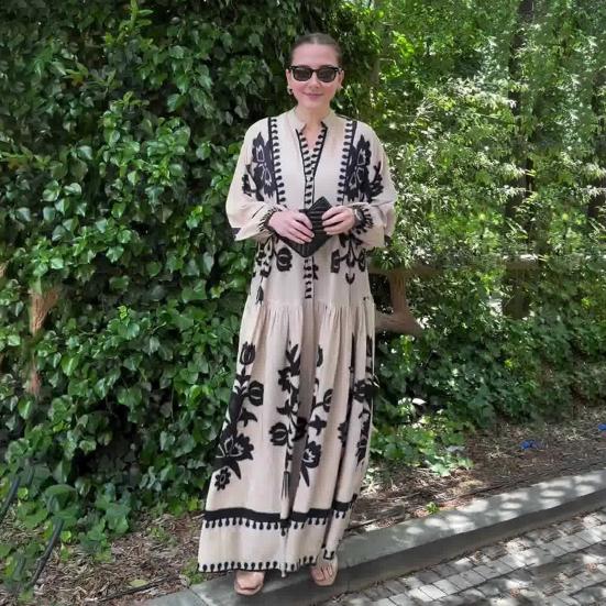Lady Spring Maxi Dress V Neck Retro Contrast Color Printed Long Sleeves Loose Single-breasted A-line Patchwork Casual Daily Dress