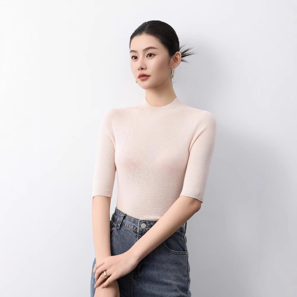 Ancola Women's Red Slim-Fit Wool Cardigan, Half-High Neck, Short Sleeves - 2025 Spring/Summer Thin Style Knitted Base Layer.