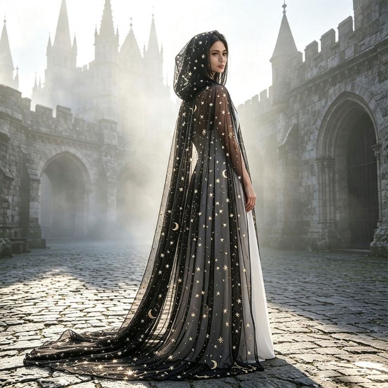 Schwarzer durchsichtiger Netz-Hexenmantel mit Kapuze für Damen mit goldenem Sternen-Mond-Muster für Halloween-Party-Kostüm-Styling-Kleidung