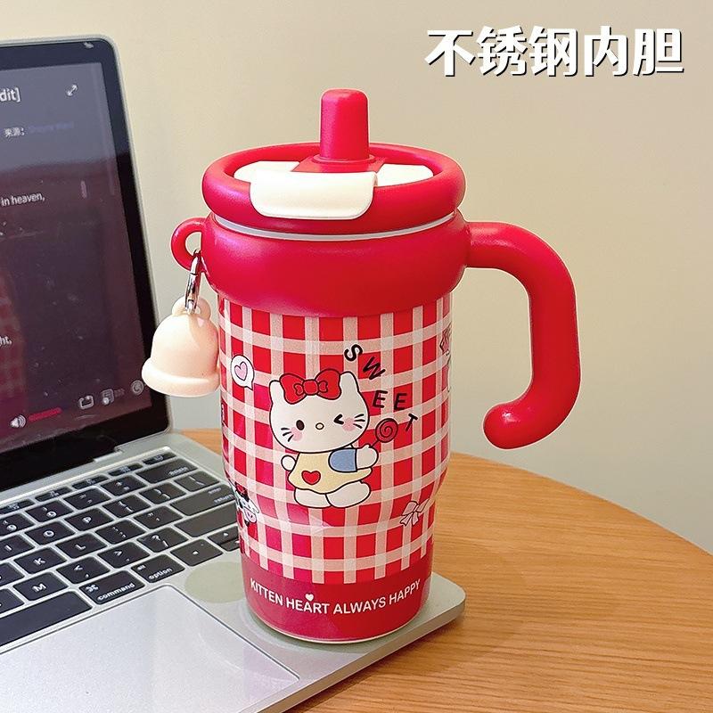 Cartoon cute Big Mac handle ice cup girls large capacity desktop thermos cup 111 stainless steel straw cup